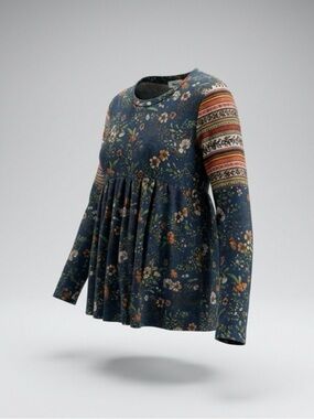 Floral Navy Boho Tunic with Patterned Long Sleeves